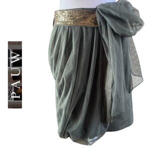 PAUW Amsterdam Grey Green Tulle Skirt w Bronze Metallic Weighted Belt EUC 8